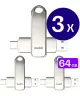 Buddi USB-A en USB-C Stick Dual Geheugenstick 64GB Grijs (3-Pack)