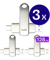 Buddi USB-A en USB-C Stick Dual Geheugenstick 128GB Grijs (3-Pack) afbeelding