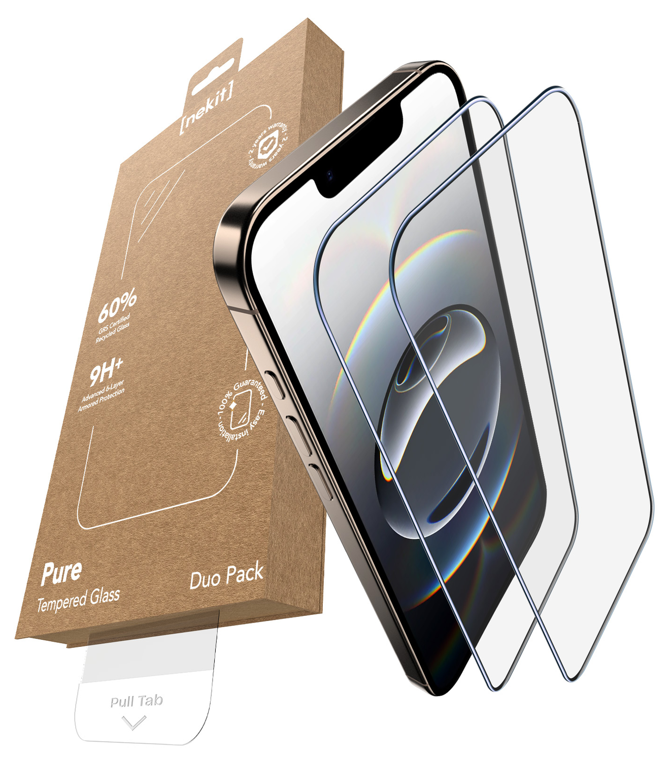 NEKIT Pure iPhone 16e/14/13/13 Pro Tempered GRS Glass Installatiebox (2-Pack) afbeelding 2