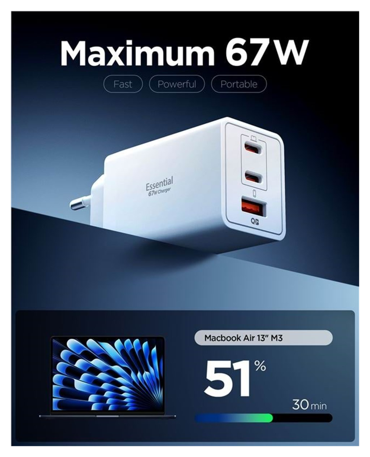 Spigen Essential EE673EU 67W GaN Snellader USB-A/USB-C met Power Delivery Wit afbeelding 2