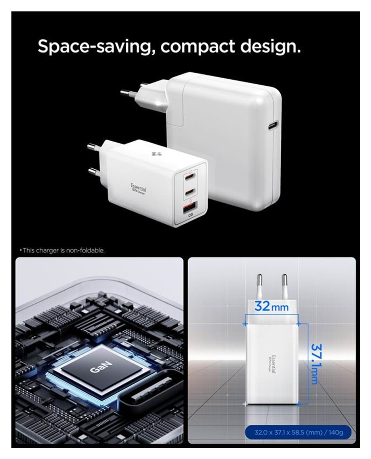 Spigen Essential EE673EU 67W GaN Snellader USB-A/USB-C met Power Delivery Wit afbeelding 4