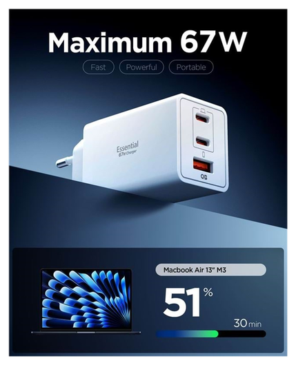 Spigen Essential EE673EU 67W GaN Snellader USB-A/USB-C met Power Delivery Wit afbeelding 2
