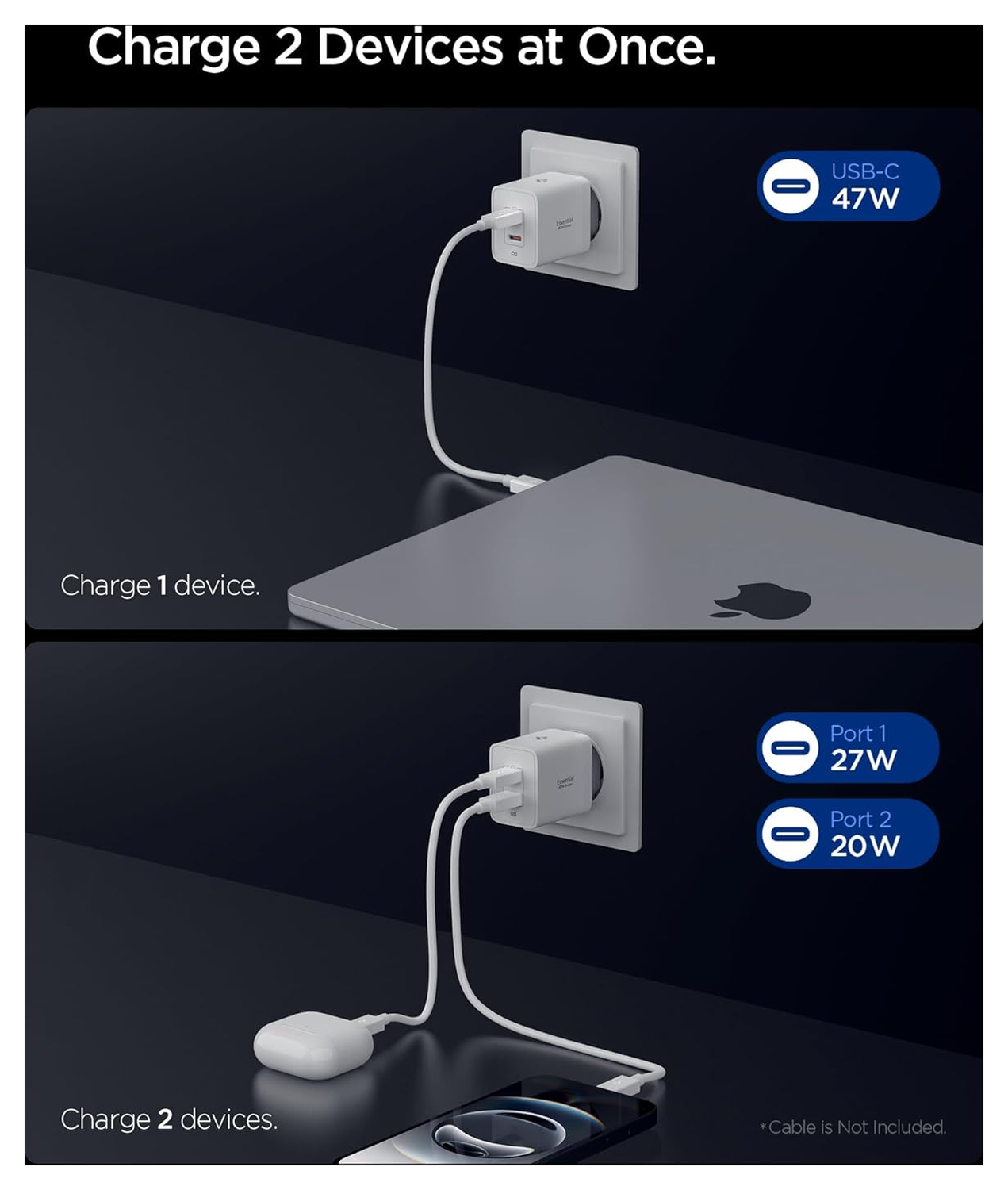 Spigen Essential EE472EU 47W GaN USB-C Snellader Power Delivery Adapter Wit afbeelding 3