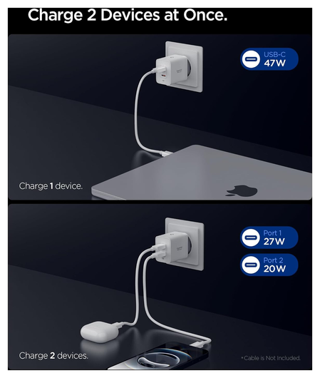 Spigen Essential EE472EU 47W GaN USB-C Snellader Power Delivery Adapter Wit afbeelding 3