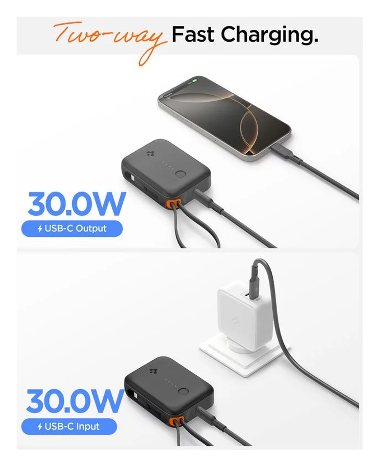 Spigen 10.000 mAh Powerbank Reisformaat Ingebouwde USB-C Kabel 30W Zwart afbeelding 5