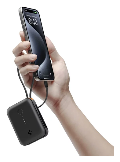 Spigen 10.000 mAh Powerbank Reisformaat Ingebouwde USB-C Kabel 30W Zwart afbeelding 2