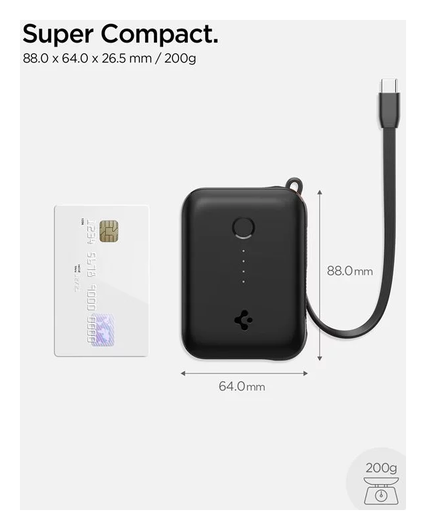 Spigen 10.000 mAh Powerbank Reisformaat Ingebouwde USB-C Kabel 30W Zwart afbeelding 6