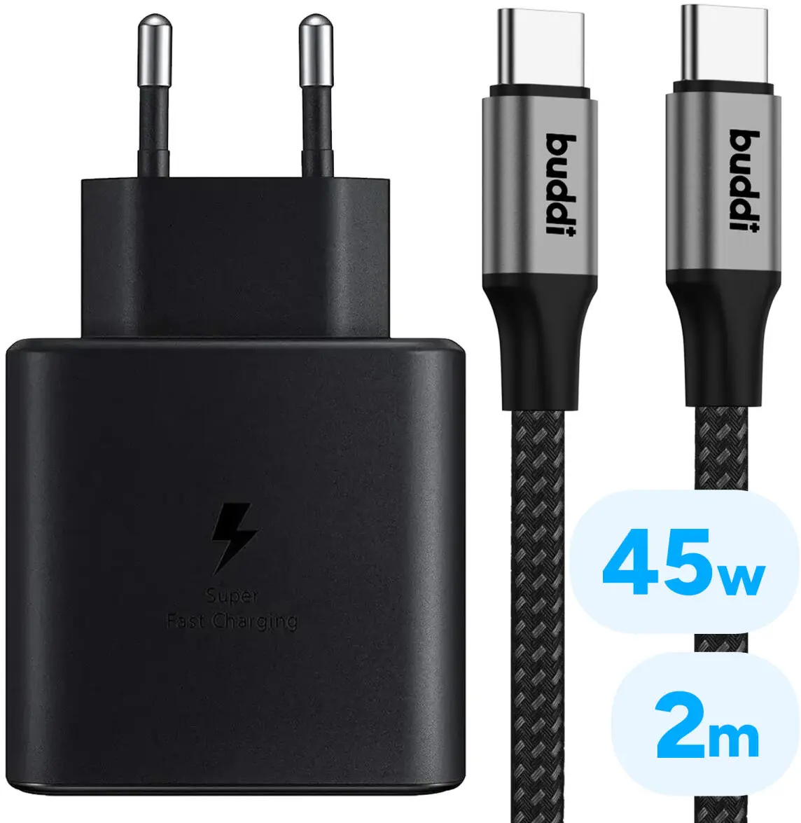 Originele Samsung 45W Power Adapter met 60W Buddi Flex USB-C Kabel 2M Zwart afbeelding 1