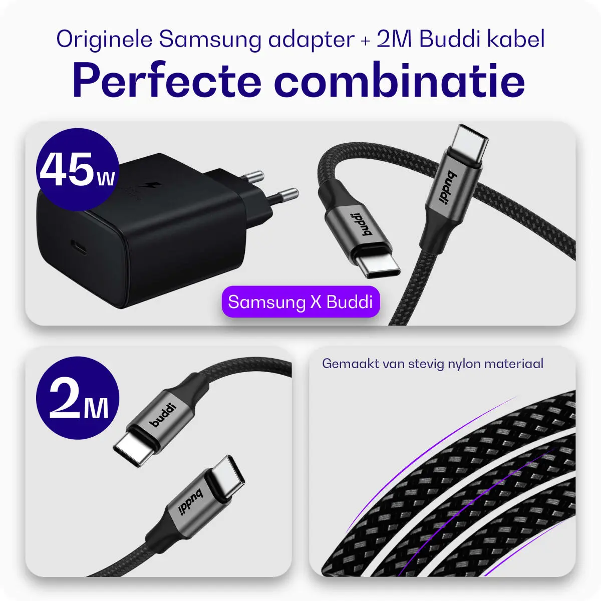 Originele Samsung 45W Power Adapter met 60W Buddi Flex USB-C Kabel 2M Zwart afbeelding 2