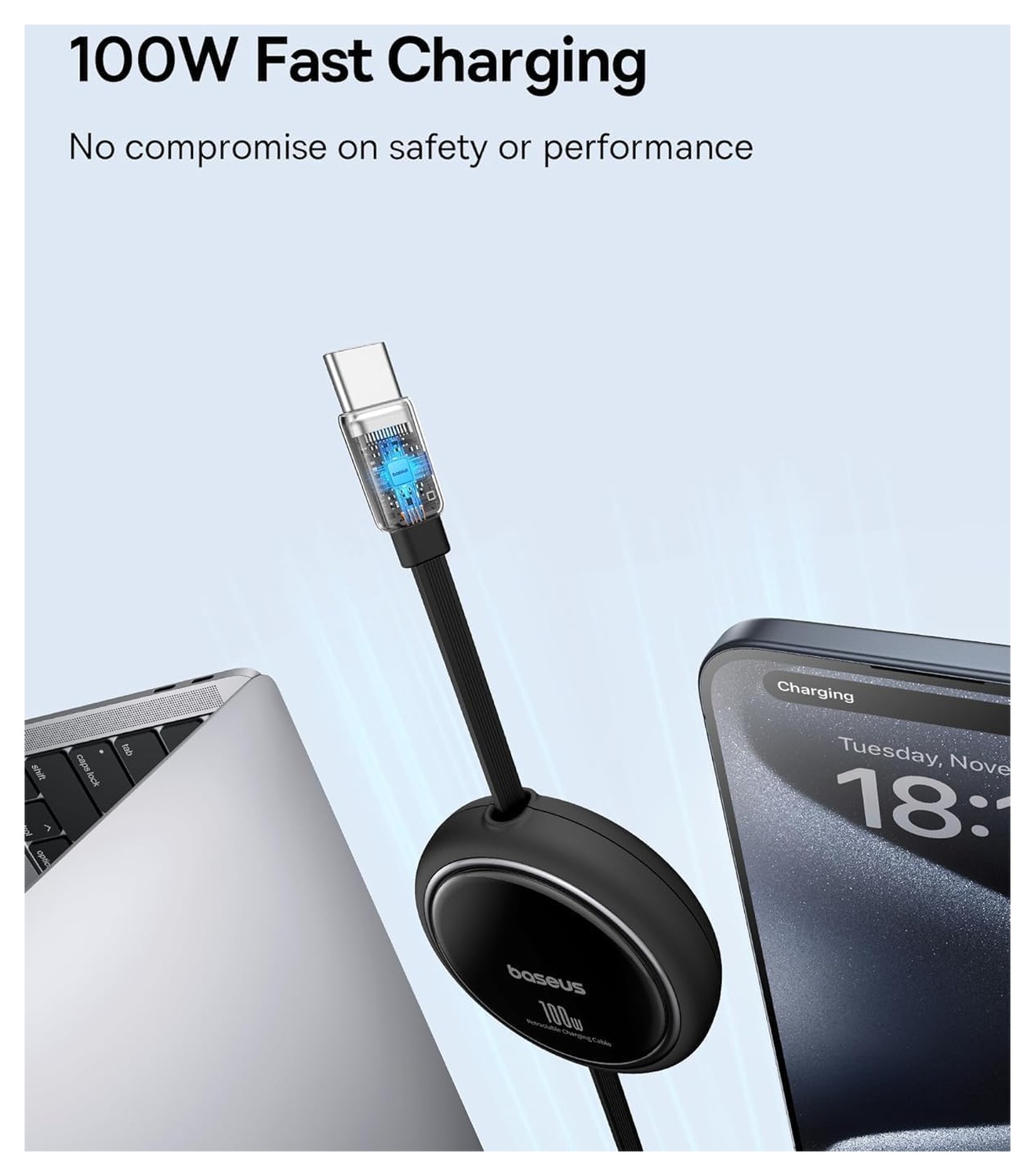 Baseus Free2Pull Oprolbare USB-C Kabel 100W Power Delivery 2M Zwart (2-Pack) afbeelding 4