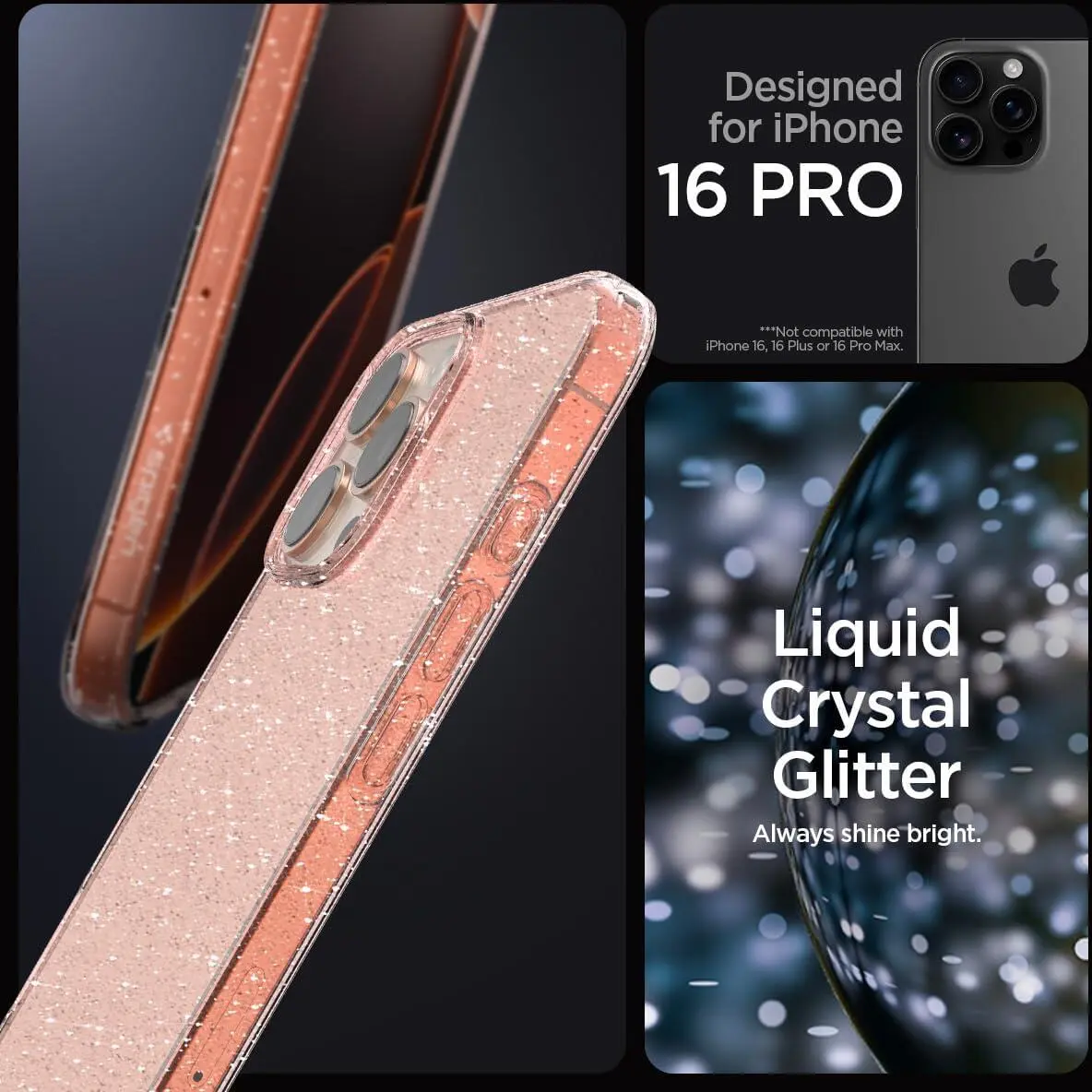 Spigen Liquid Crystal Apple iPhone 16 Pro Hoesje Back Cover Roze Glitter afbeelding 3