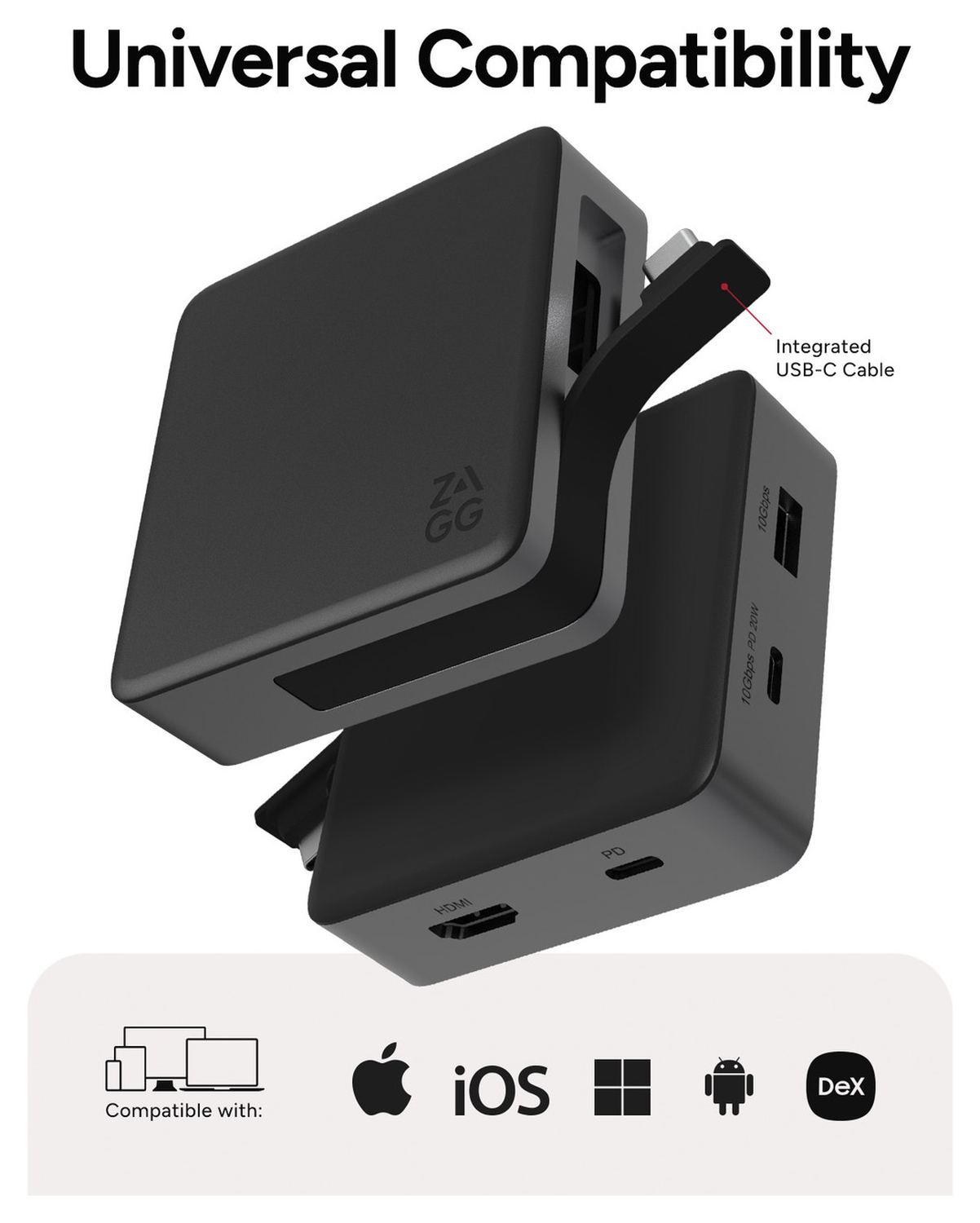 ZAGG 4-Ports USB-C Hub met 15W Draadloos Opladen/100W USB-C PD/4K HDMI/USB-A afbeelding 4