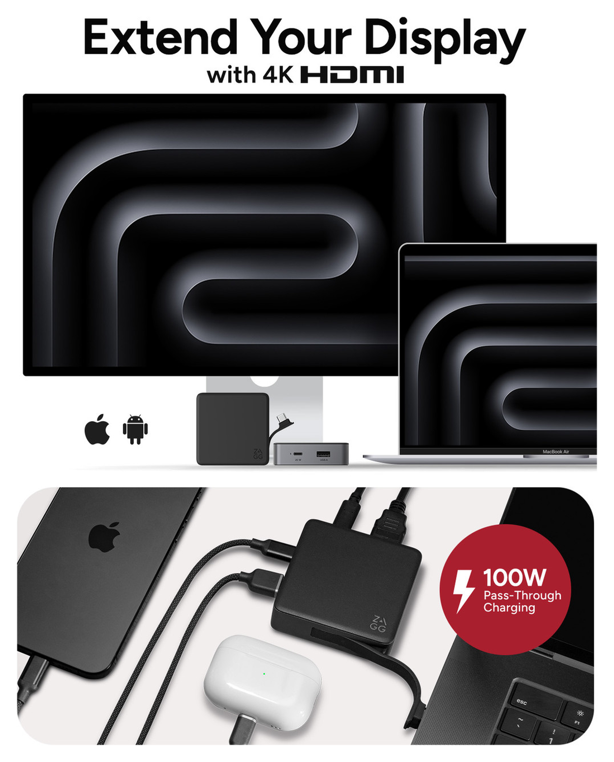 ZAGG 4-Ports USB-C Hub met 15W Draadloos Opladen/100W USB-C PD/4K HDMI/USB-A afbeelding 5