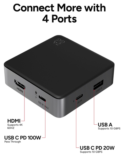 ZAGG 4-Ports USB-C Hub met 15W Draadloos Opladen/100W USB-C PD/4K HDMI/USB-A afbeelding 3