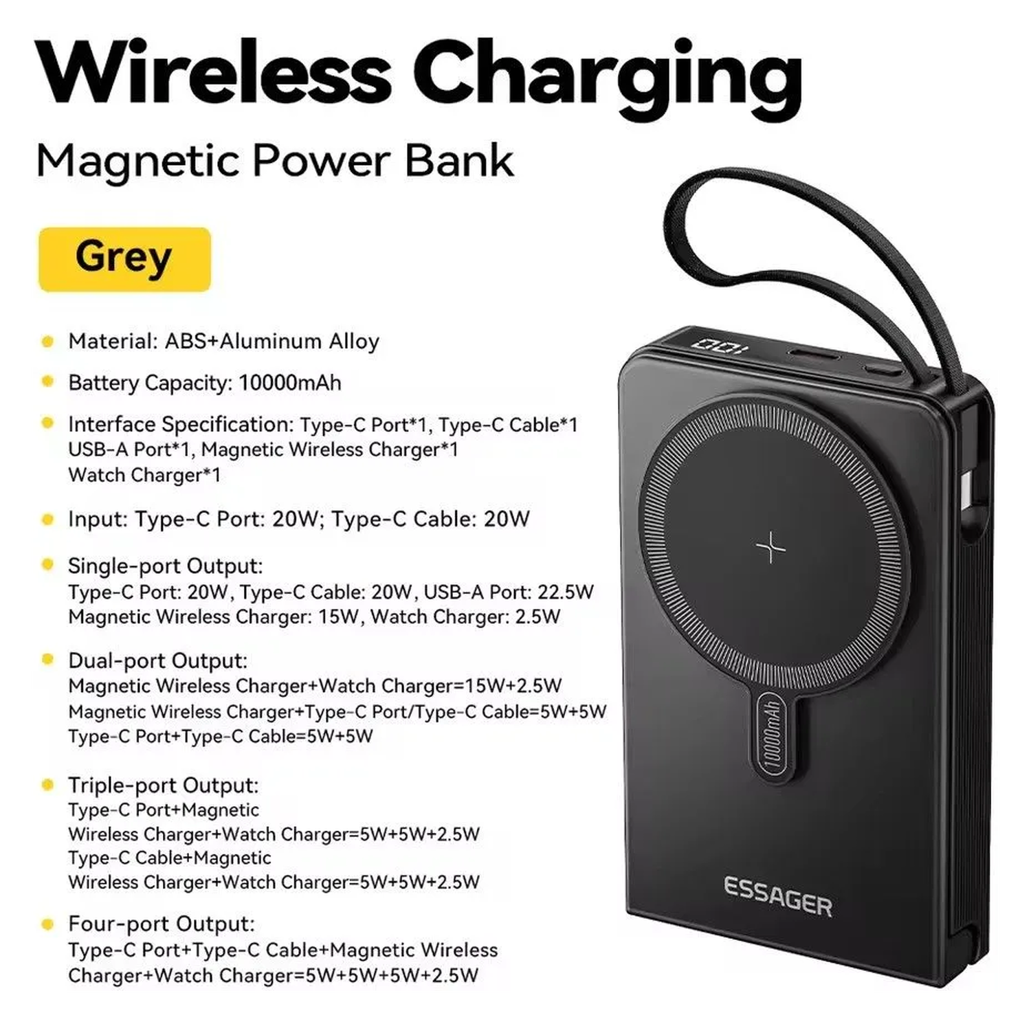 Essager 10.000 mAh MagSafe Powerbank 22.5W met USB-C Kabel en Apple Watch Lader afbeelding 7