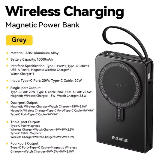 Essager 10.000 mAh MagSafe Powerbank 22.5W met USB-C Kabel en Apple Watch Lader afbeelding 7