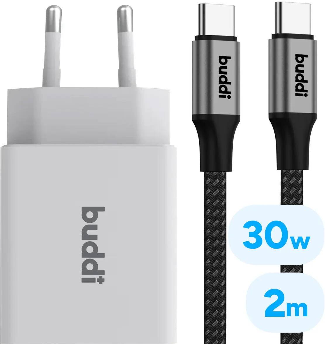 Buddi 30W PD GaN USB-C / USB-A Oplader met Buddi Flex USB-C Kabel 2M afbeelding 1