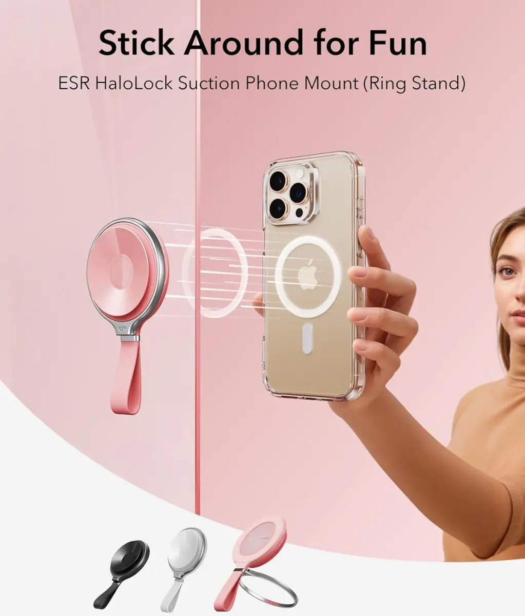 ESR HaloLock Magsafe Zuignap Telefoonhouder met Ringhouder Roze afbeelding 2