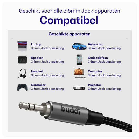 Buddi Flex 3.5mm Jack Aux Audio Kabel 2M Zwart afbeelding 6