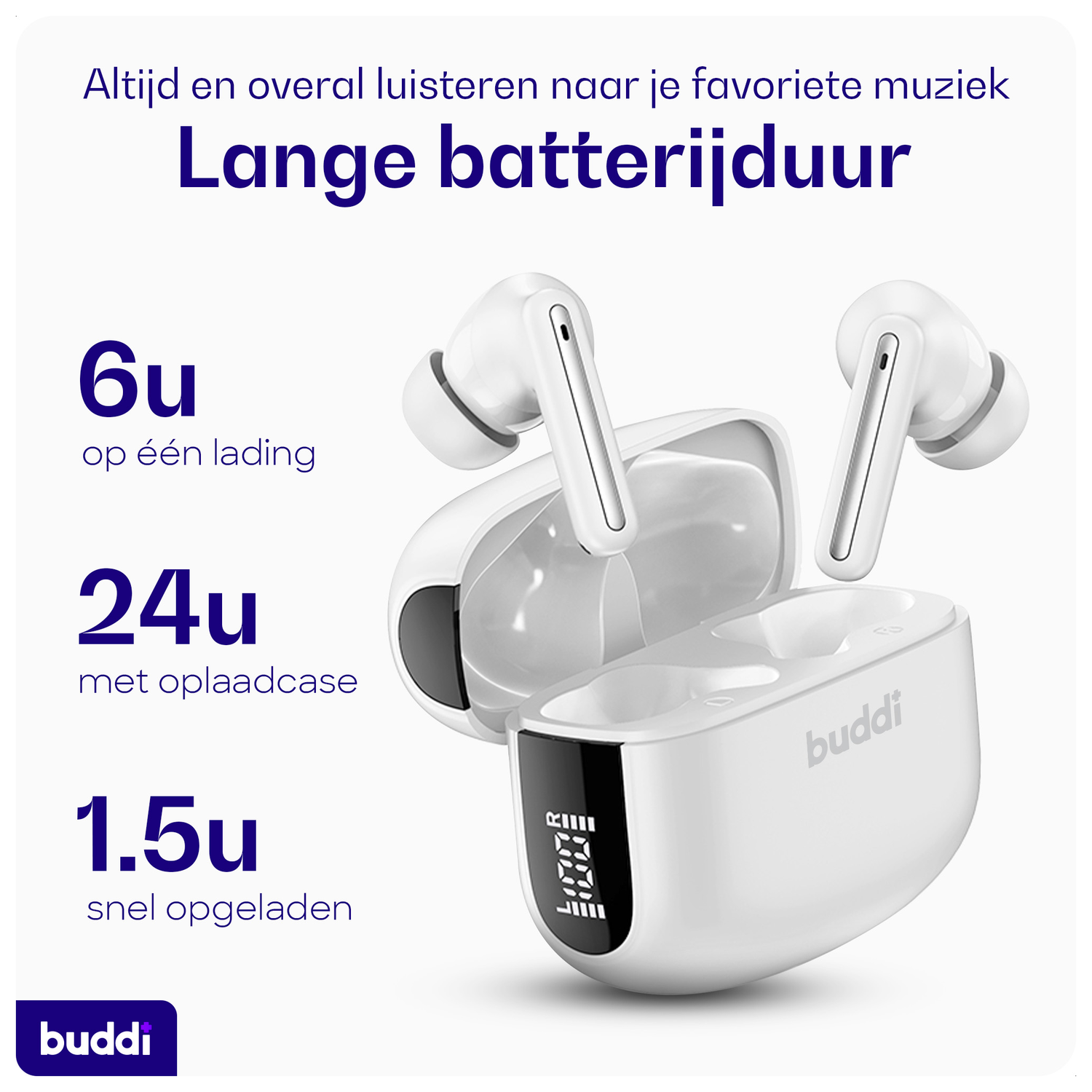 Buddi Pulse Draadloze Oordopjes Noise Cancelling ANC + ENC Wit afbeelding 3