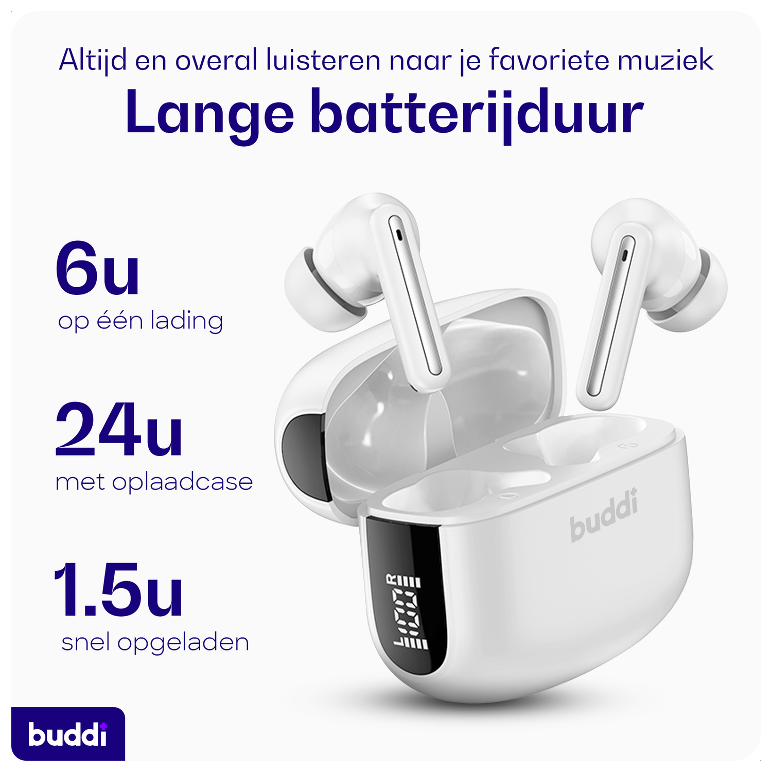 Buddi Pulse Draadloze Oordopjes Noise Cancelling Wit afbeelding 4