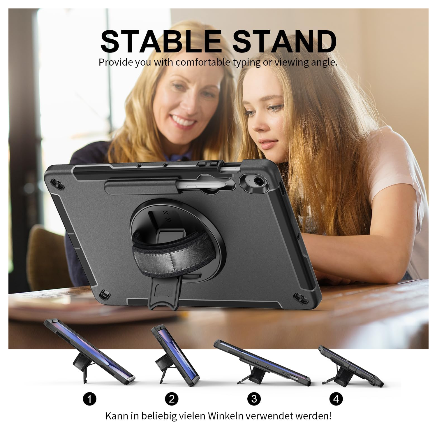 Samsung Galaxy Tab S10 FE Plus Hoes Back Cover met Kickstand en Handriem Zwart afbeelding 2