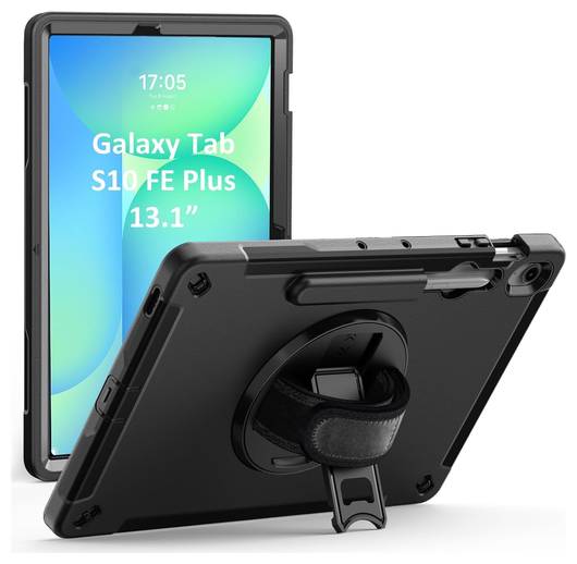 Samsung Galaxy Tab S10 FE Plus Hoes Back Cover met Kickstand en Handriem Zwart afbeelding 1