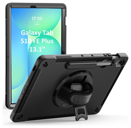 Samsung Galaxy Tab S10 FE Plus Hoes Back Cover met Kickstand en Handriem Zwart afbeelding