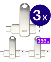 Buddi USB-A en USB-C Stick Dual Geheugenstick 256GB Grijs (3-Pack) afbeelding