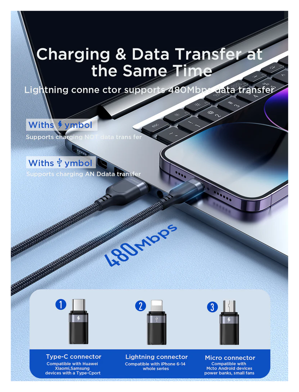 JOYROOM 3-in-1 3.5A Kabel USB-A naar Micro-USB / USB-C / Lightning 2M Zwart afbeelding 5
