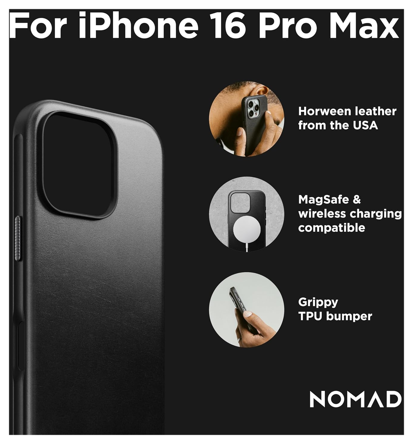 Nomad Apple iPhone 16 Pro Max Hoesje Modern Leather MagSafe Case Horween Zwart afbeelding 3