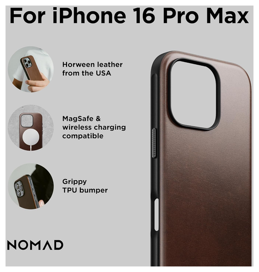 Nomad Apple iPhone 16 Pro Max Hoesje Modern Leather MagSafe Case Horween Bruin afbeelding 3