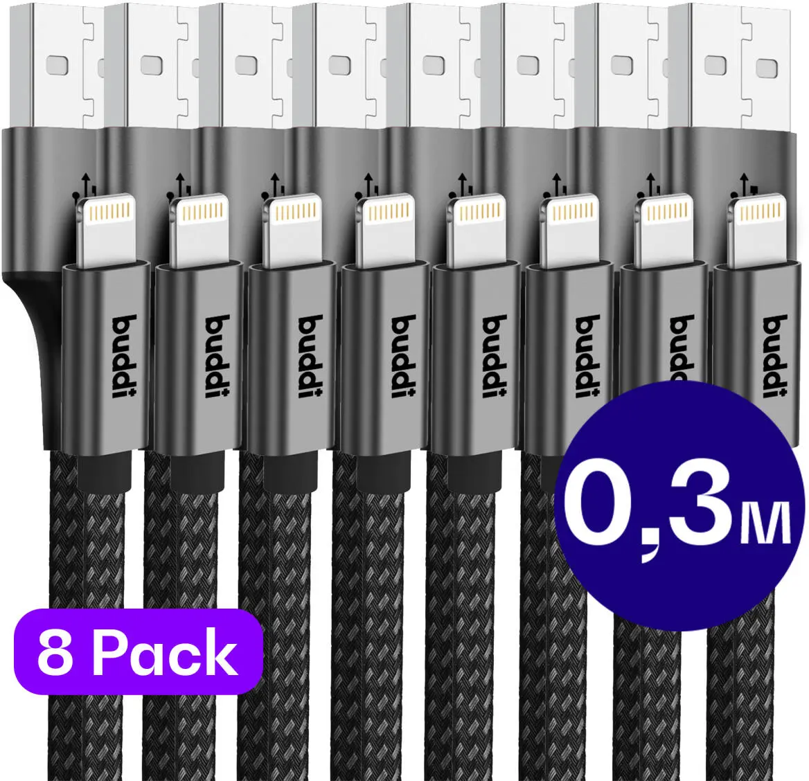 Set van 8 stuks 30cm Buddi Flex USB-A naar Lightning kabel afbeelding 1