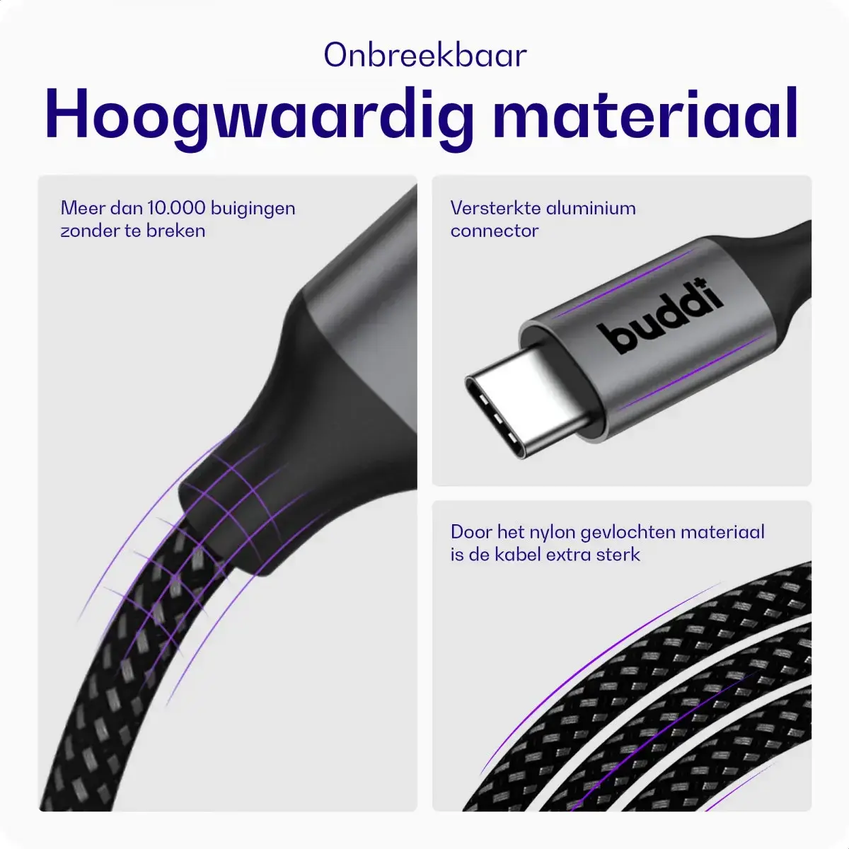 Set van 8 stuks 30cm Buddi Flex USB-A naar USB-C kabel afbeelding 3