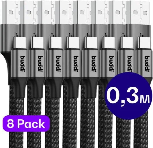 Set van 8 stuks 30cm Buddi Flex USB-A naar USB-C kabel afbeelding 1