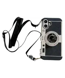 iPhone 16 Hoesje Vintage Retro Camera Back Cover met Koord Zwart afbeelding