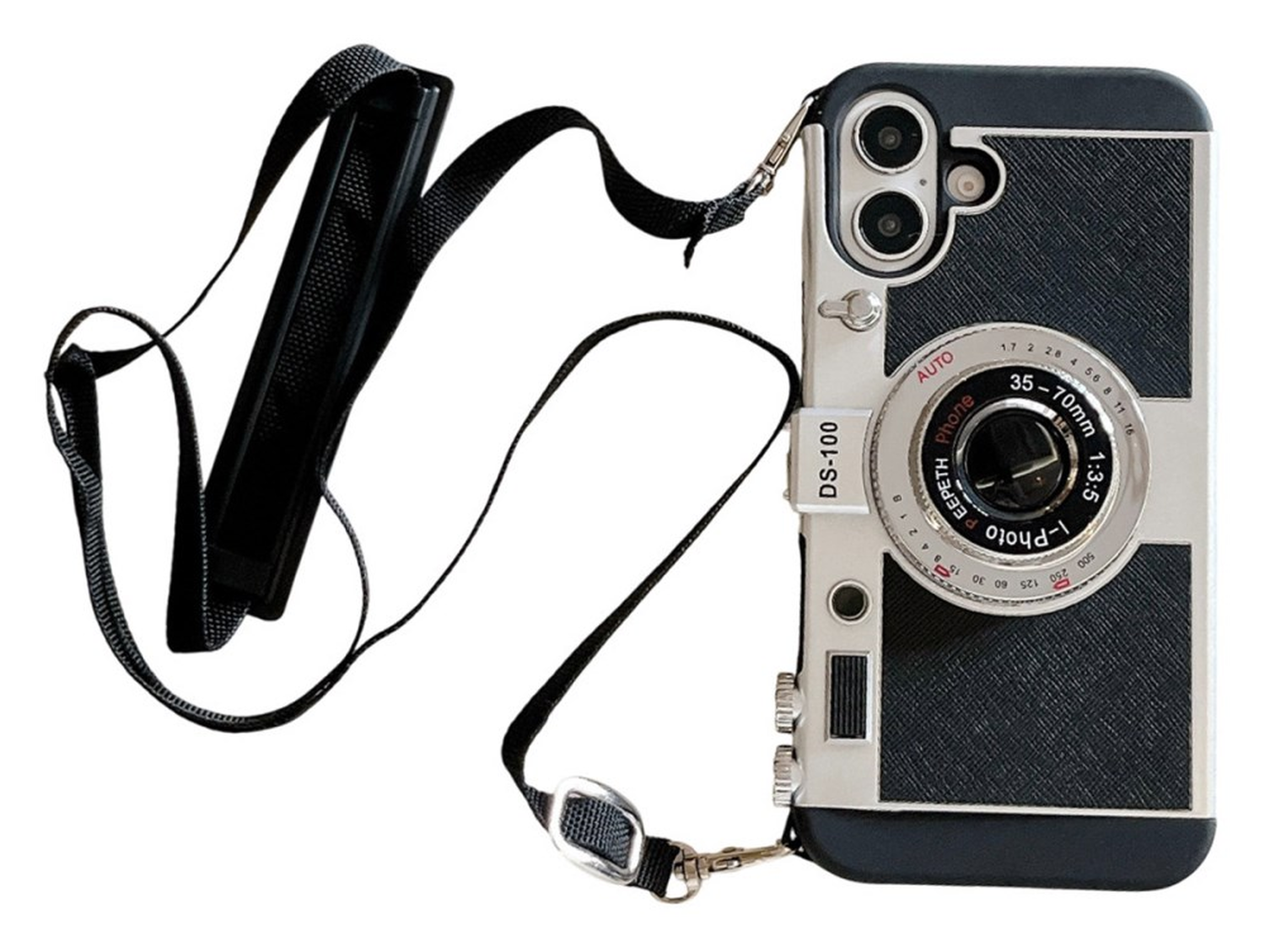 iPhone 16 Hoesje Vintage Retro Camera Back Cover met Koord Zwart afbeelding 1