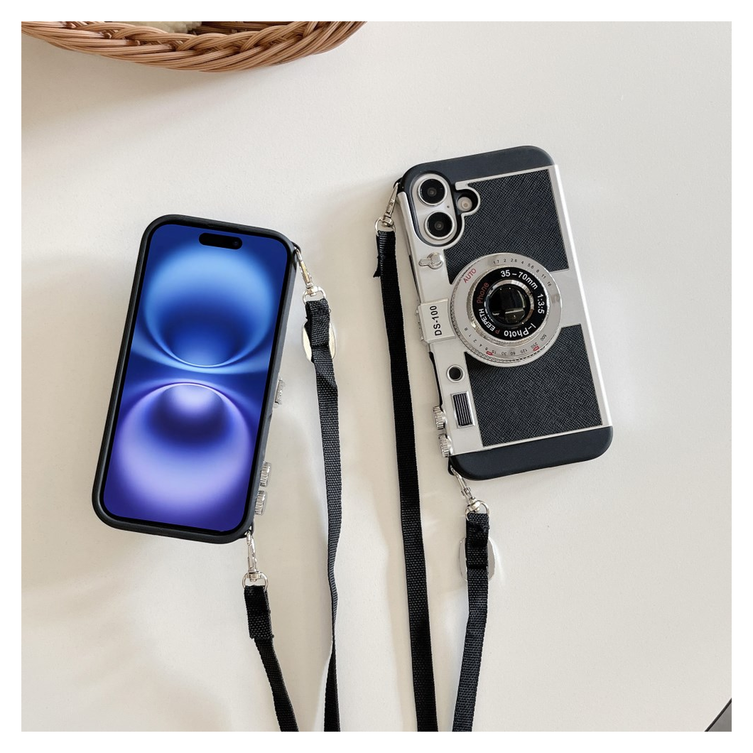 iPhone 16 Hoesje Vintage Retro Camera Back Cover met Koord Zwart afbeelding 6