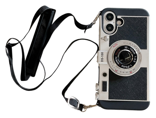 iPhone 16 Hoesje Vintage Retro Camera Back Cover met Koord Zwart afbeelding 1