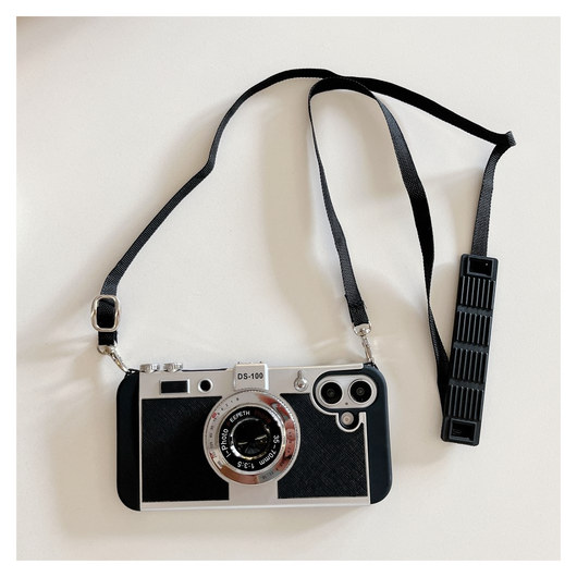 iPhone 16 Hoesje Vintage Retro Camera Back Cover met Koord Zwart afbeelding 2