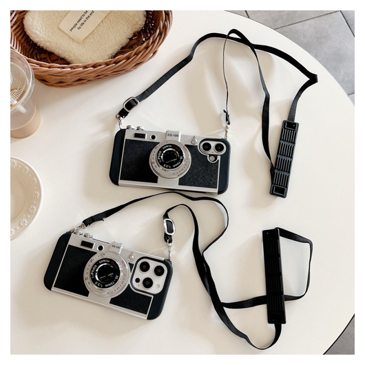 iPhone 16 Hoesje Vintage Retro Camera Back Cover met Koord Zwart afbeelding 3