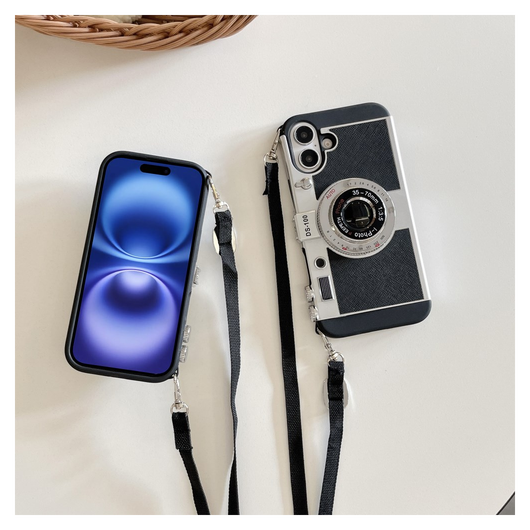 iPhone 16 Hoesje Vintage Retro Camera Back Cover met Koord Zwart afbeelding 6