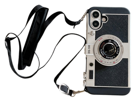 iPhone 16 Hoesje Vintage Retro Camera Back Cover met Koord Zwart