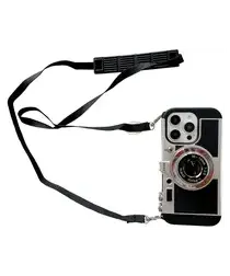 iPhone 15 Pro Hoesje Vintage Retro Camera Back Cover met Koord Zwart afbeelding