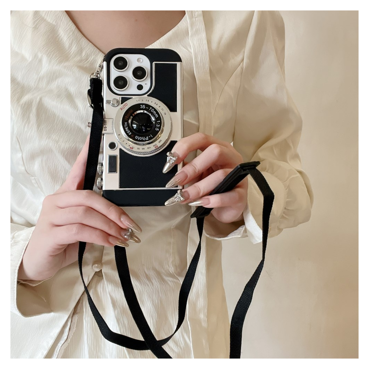 iPhone 14 Pro Hoesje Vintage Retro Camera Back Cover met Koord Zwart afbeelding 2