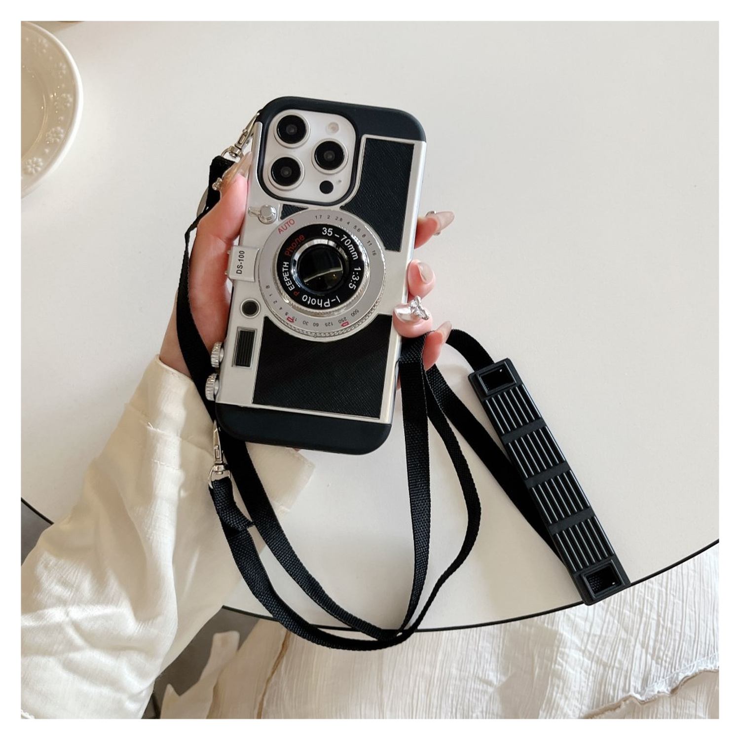 iPhone 14 Pro Hoesje Vintage Retro Camera Back Cover met Koord Zwart afbeelding 5