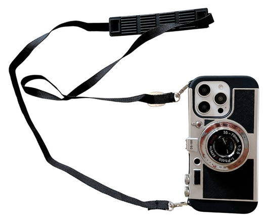iPhone 14 Pro Hoesje Vintage Retro Camera Back Cover met Koord Zwart afbeelding 1