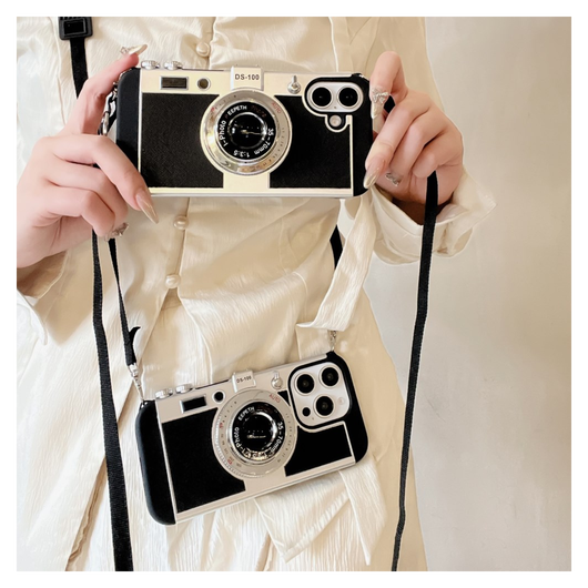 iPhone 14 Pro Hoesje Vintage Retro Camera Back Cover met Koord Zwart afbeelding 4