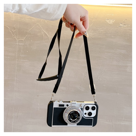 iPhone 14 Pro Hoesje Vintage Retro Camera Back Cover met Koord Zwart afbeelding 3