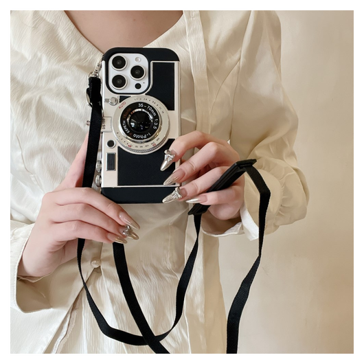 iPhone 14 Pro Hoesje Vintage Retro Camera Back Cover met Koord Zwart afbeelding 2